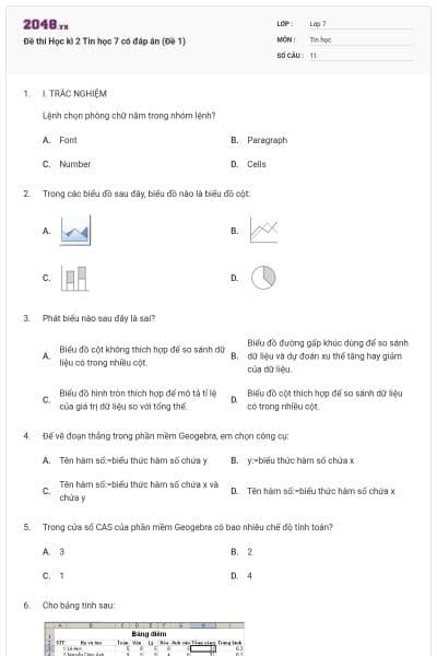 Đề thi Học kì 2 Tin học 7 có đáp án (Đề 1)