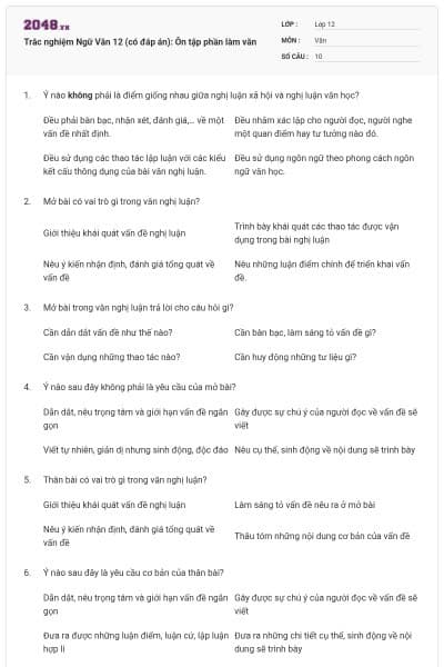 Trắc nghiệm Ngữ Văn 12 (có đáp án): Ôn tập phần làm văn