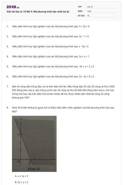 Giải sbt Đại số 10 Bài 4: Bất phương trình bậc nhất hai ẩn