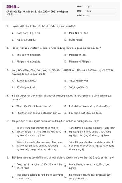 Đề thi vào lớp 10 môn Địa Lí năm 2020 - 2021 có đáp án (Đề 6)