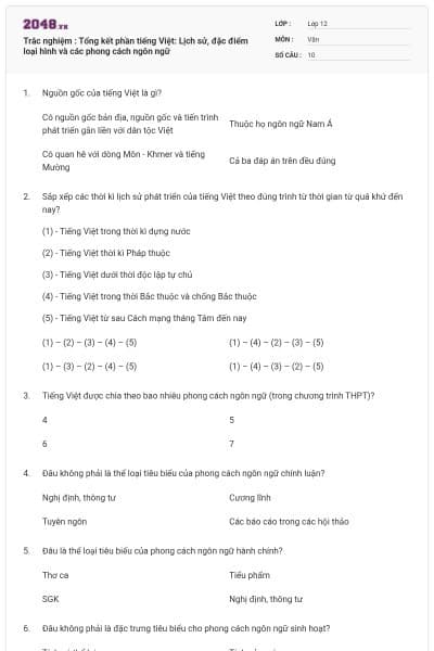 Trắc nghiệm : Tổng kết phần tiếng Việt: Lịch sử, đặc điểm loại hình và các phong cách ngôn ngữ
