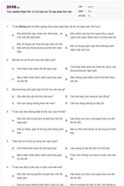 Trắc nghiệm Ngữ Văn 12 (có đáp án): Ôn tập phần làm văn