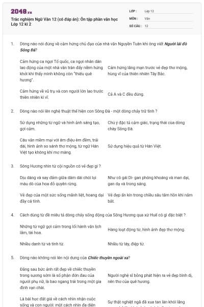 Trắc nghiệm Ngữ Văn 12 (có đáp án): Ôn tập phần văn học Lớp 12 kì 2
