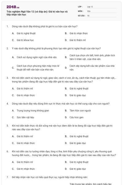 Trắc nghiệm Ngữ Văn 12 (có đáp án): Giá trị văn học và tiếp nhận văn học