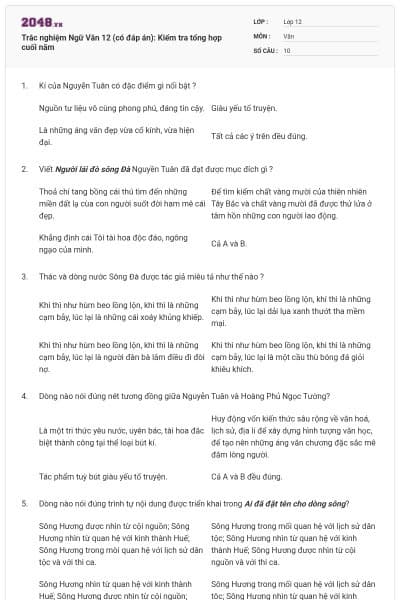 Trắc nghiệm Ngữ Văn 12 (có đáp án): Kiểm tra tổng hợp cuối năm