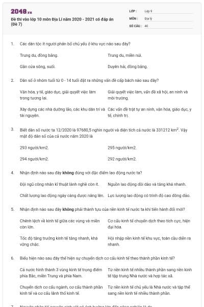 Đề thi vào lớp 10 môn Địa Lí năm 2020 - 2021 có đáp án (Đề 7)