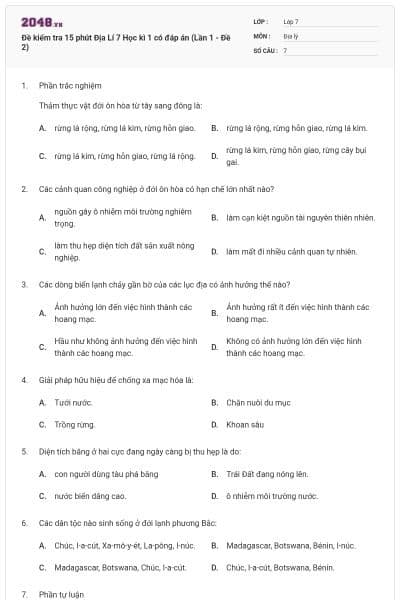 Đề kiểm tra 15 phút Địa Lí 7 Học kì 1 có đáp án (Lần 1 - Đề 2)