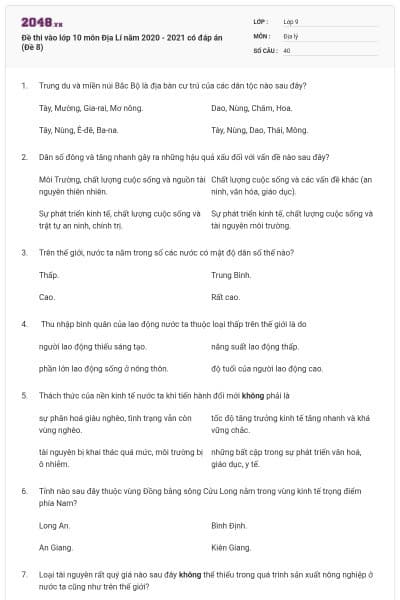 Đề thi vào lớp 10 môn Địa Lí năm 2020 - 2021 có đáp án (Đề 8)