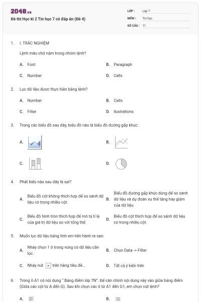 Đề thi Học kì 2 Tin học 7 có đáp án (Đề 4)