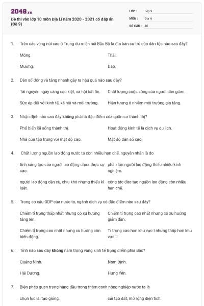 Đề thi vào lớp 10 môn Địa Lí năm 2020 - 2021 có đáp án (Đề 9)