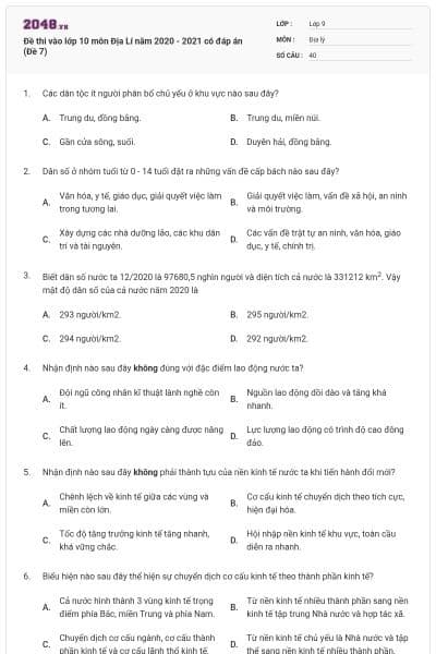 Đề thi vào lớp 10 môn Địa Lí năm 2020 - 2021 có đáp án (Đề 7)