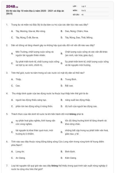 Đề thi vào lớp 10 môn Địa Lí năm 2020 - 2021 có đáp án (Đề 8)
