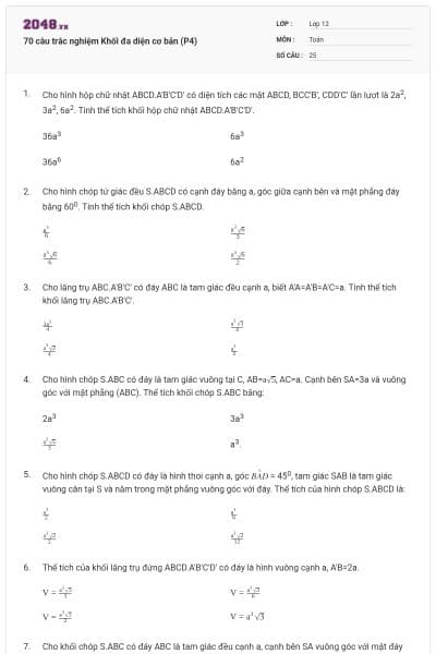 70 câu trắc nghiệm Khối đa diện cơ bản (P4)