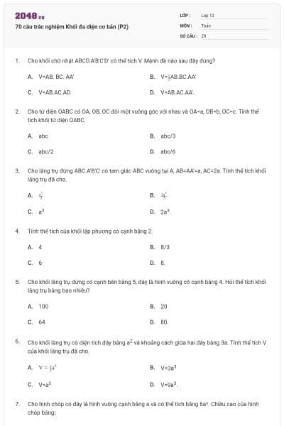 70 câu trắc nghiệm Khối đa diện cơ bản (P2)