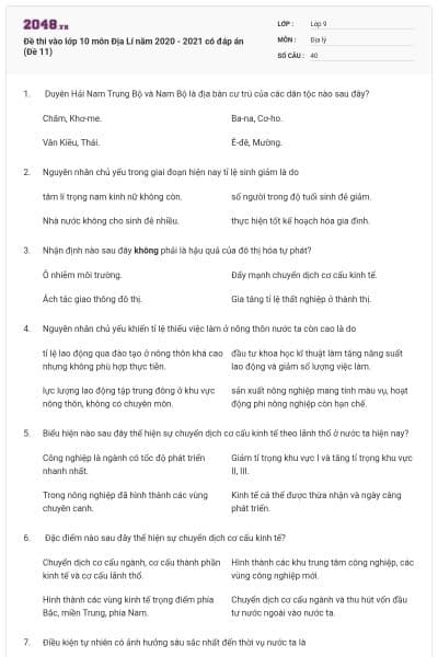 Đề thi vào lớp 10 môn Địa Lí năm 2020 - 2021 có đáp án (Đề 11)