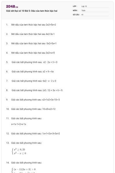 Giải sbt Đại số 10 Bài 5: Dấu của tam thức bậc hai