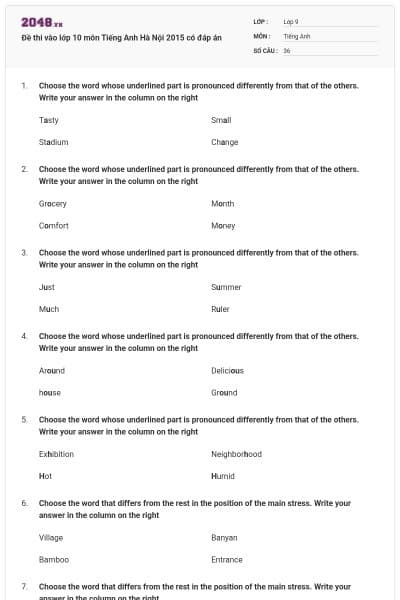 Đề thi vào lớp 10 môn Tiếng Anh Hà Nội 2015 có đáp án