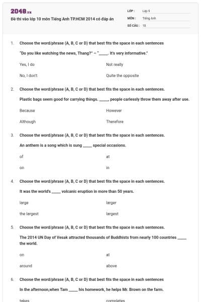 Đề thi vào lớp 10 môn Tiếng Anh TP.HCM 2014 có đáp án