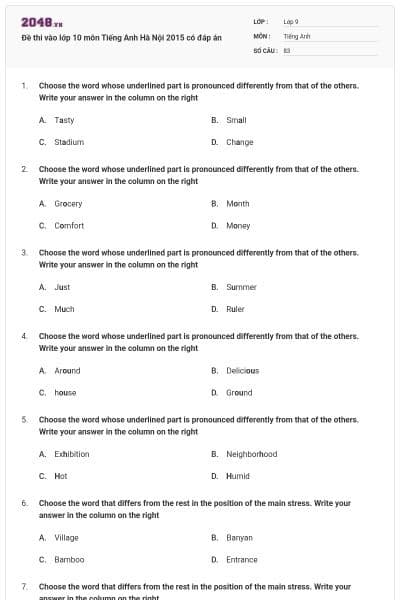 Đề thi vào lớp 10 môn Tiếng Anh Hà Nội 2015 có đáp án