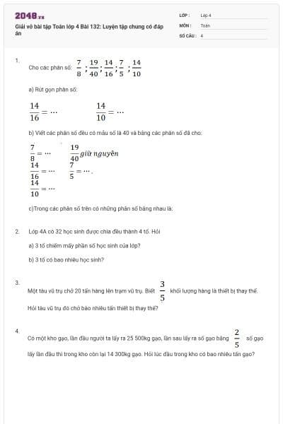 Giải vở bài tập Toán lớp 4 Bài 132: Luyện tập chung có đáp án