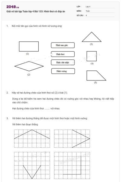 Giải vở bài tập Toán lớp 4 Bài 133: Hình thoi có đáp án