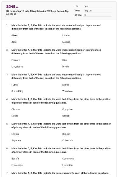 Đề thi vào lớp 10 môn Tiếng Anh năm 2020 cực hay có đáp án (Đề 3)