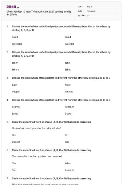 Đề thi vào lớp 10 môn Tiếng Anh năm 2020 cực hay có đáp án (Đề 4)