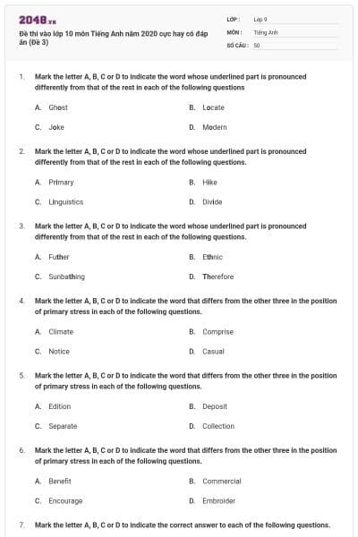 Đề thi vào lớp 10 môn Tiếng Anh năm 2020 cực hay có đáp án (Đề 3)