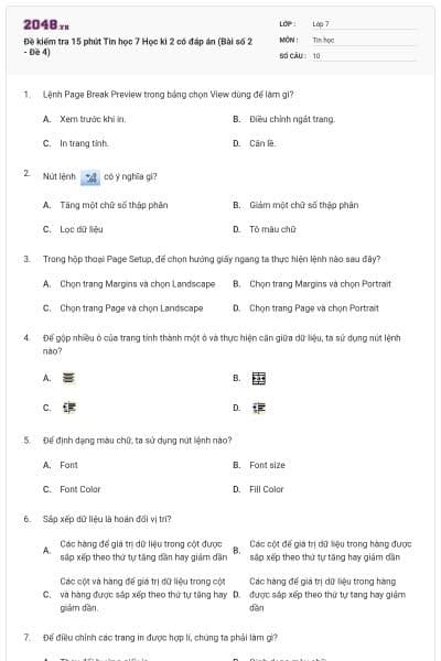 Đề kiểm tra 15 phút Tin học 7 Học kì 2 có đáp án (Bài số 2 - Đề 4)