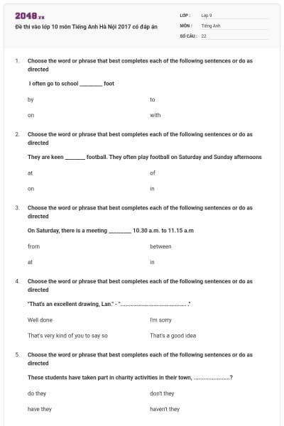 Đề thi vào lớp 10 môn Tiếng Anh Hà Nội 2017 có đáp án