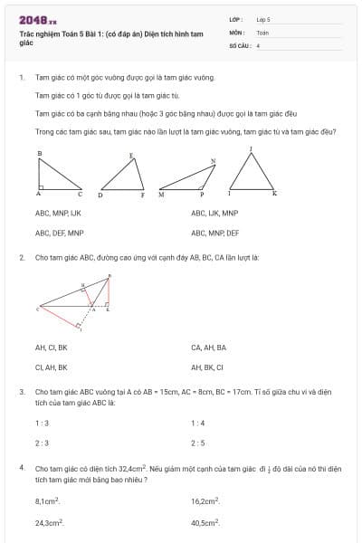 Trắc nghiệm Toán 5 Bài 1: (có đáp án) Diện tích hình tam giác