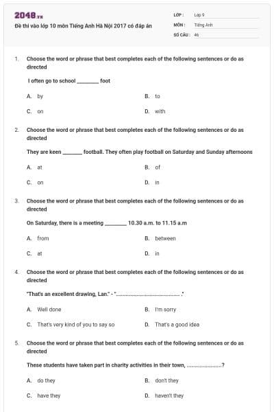 Đề thi vào lớp 10 môn Tiếng Anh Hà Nội 2017 có đáp án