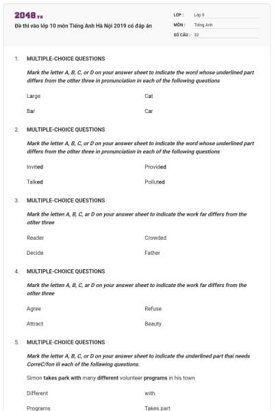 Đề thi vào lớp 10 môn Tiếng Anh Hà Nội 2019 có đáp án