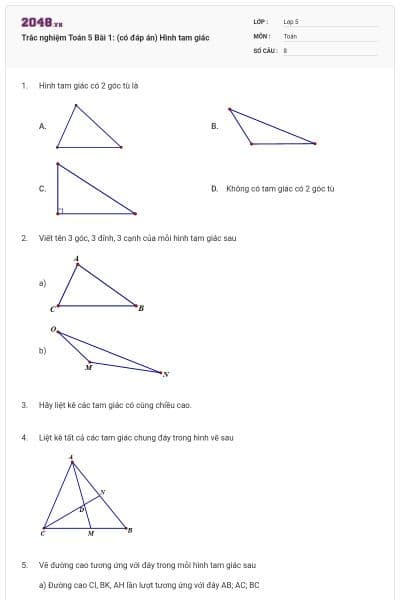 Trắc nghiệm Toán 5 Bài 1: (có đáp án) Hình tam giác