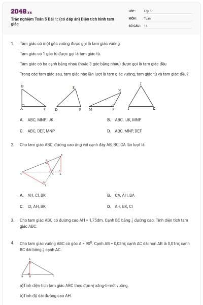 Trắc nghiệm Toán 5 Bài 1: (có đáp án) Diện tích hình tam giác