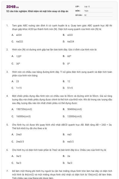 52 câu trắc nghiệm: Khái niệm về mặt tròn xoay có đáp án