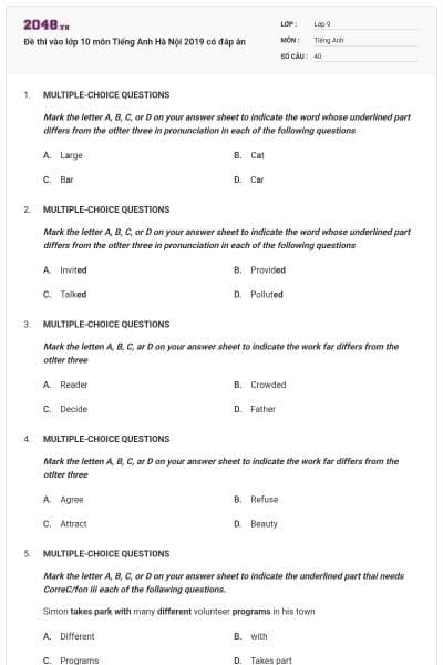 Đề thi vào lớp 10 môn Tiếng Anh Hà Nội 2019 có đáp án