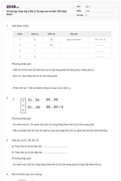 Vở bài tập Toán lớp 2 Bài 2: Ôn tập các số đến 100 (tiếp theo)