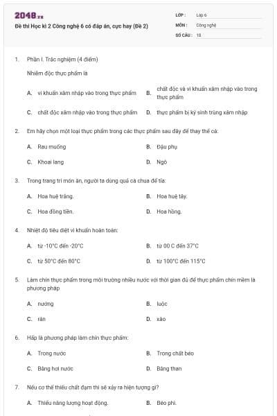 Đề thi Học kì 2 Công nghệ 6 có đáp án, cực hay (Đề 2)