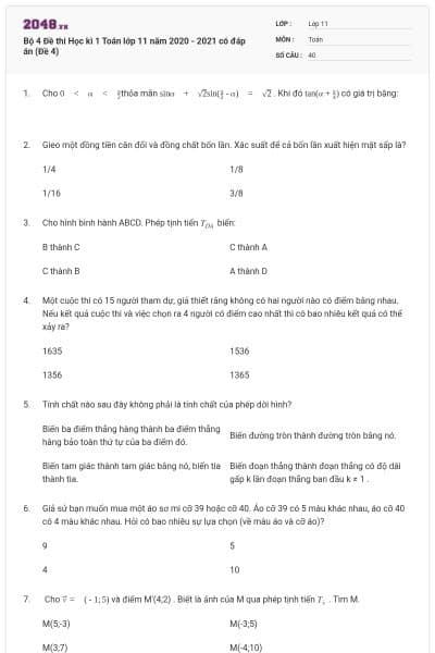 Bộ 4 Đề thi Học kì 1 Toán lớp 11 năm 2020 - 2021 có đáp án (Đề 4)