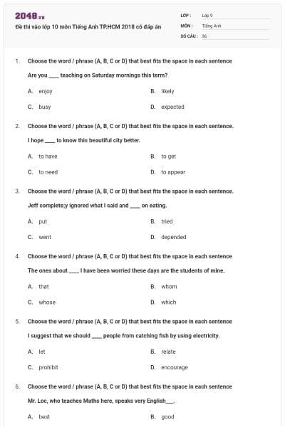 Đề thi vào lớp 10 môn Tiếng Anh TP.HCM 2018 có đáp án
