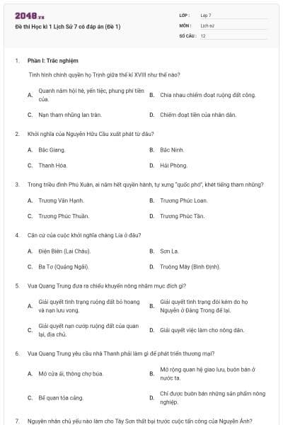 Đề thi Học kì 1 Lịch Sử 7 có đáp án (Đề 1)