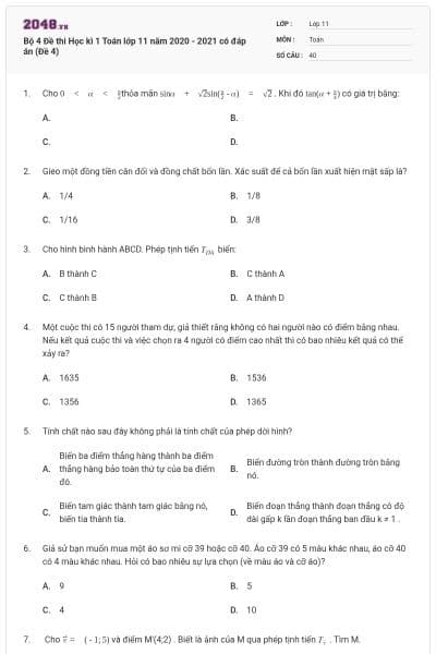 Bộ 4 Đề thi Học kì 1 Toán lớp 11 năm 2020 - 2021 có đáp án (Đề 4)