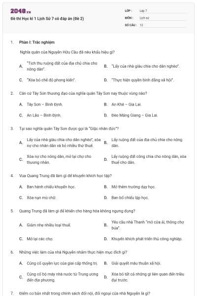 Đề thi Học kì 1 Lịch Sử 7 có đáp án (Đề 2)