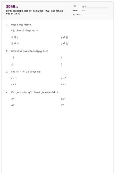 Đề thi Toán lớp 6 Học kì 1 năm 2020 - 2021 cực hay, có đáp án (Đề 1)
