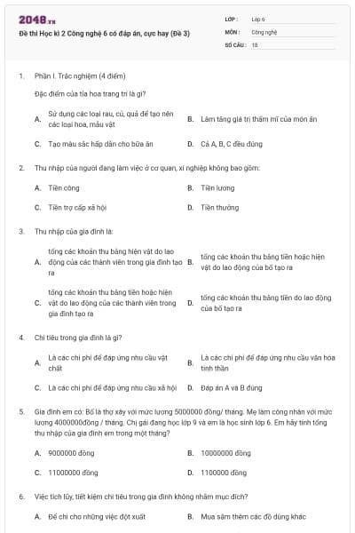Đề thi Học kì 2 Công nghệ 6 có đáp án, cực hay (Đề 3)