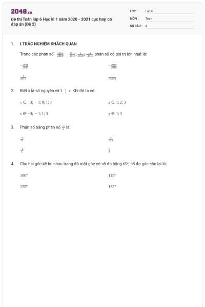Đề thi Toán lớp 6 Học kì 1 năm 2020 - 2021 cực hay, có đáp án (Đề 2)
