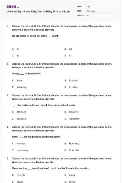 Đề thi vào lớp 10 môn Tiếng Anh Đà Nẵng 2017 có đáp án