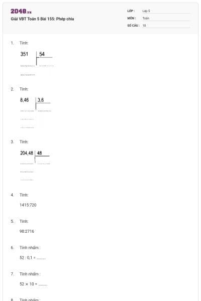 Giải VBT Toán 5 Bài 155: Phép chia