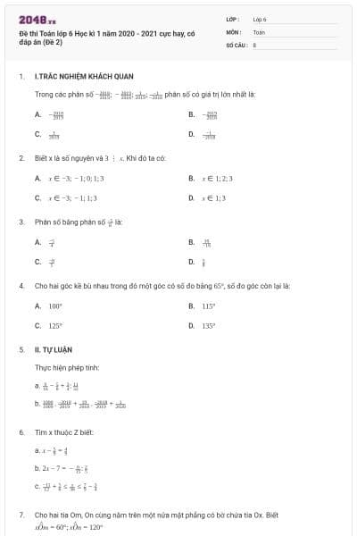 Đề thi Toán lớp 6 Học kì 1 năm 2020 - 2021 cực hay, có đáp án (Đề 2)